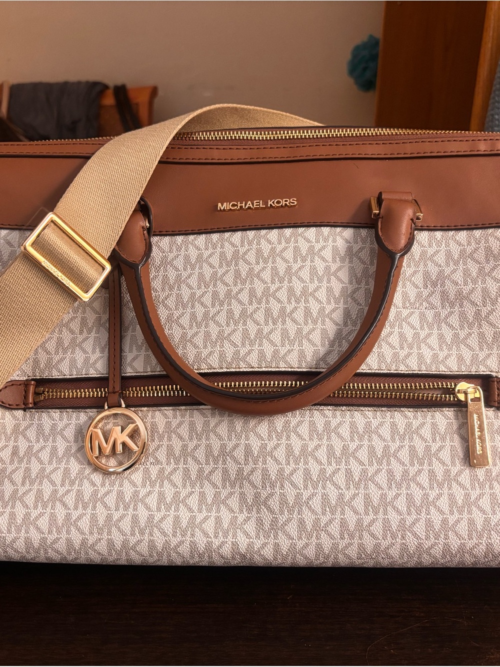 Michael Kors Beige Monogram Satchel with Brown Leather and Gold Hardware